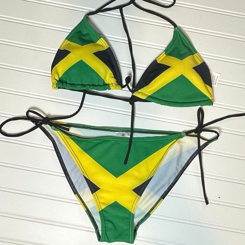 Women Jamaica Flag Bikini Set Tie Side Triangle 2 Piece Swimsuit M - Picture 1 of 6
